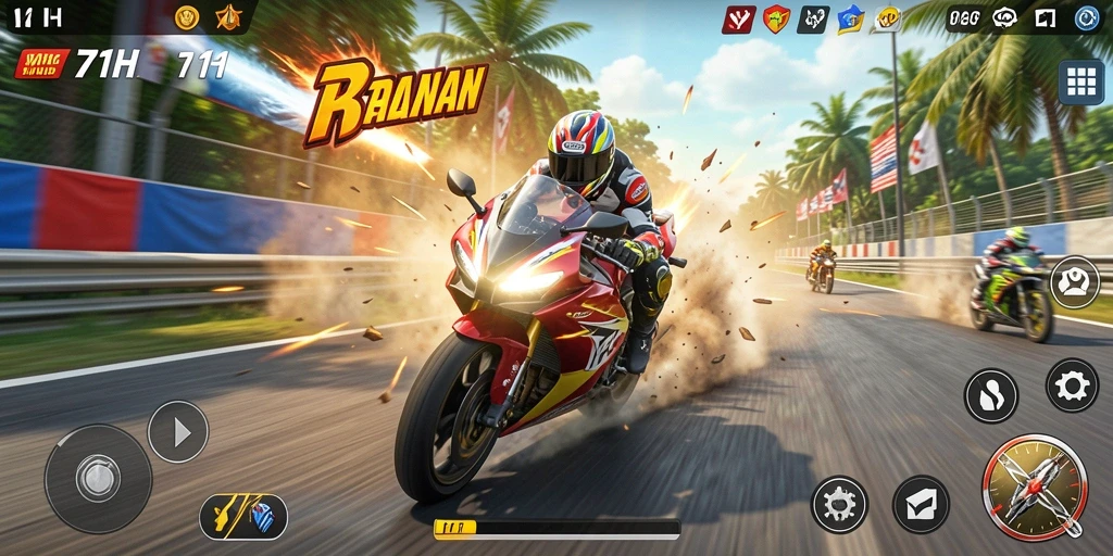 Screenshot gameplay balapan motor yang intens dan mendebarkan.