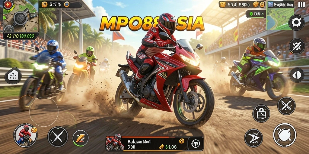 Screenshot gameplay MPO88ASIA yang menunjukkan balapan motor yang seru.