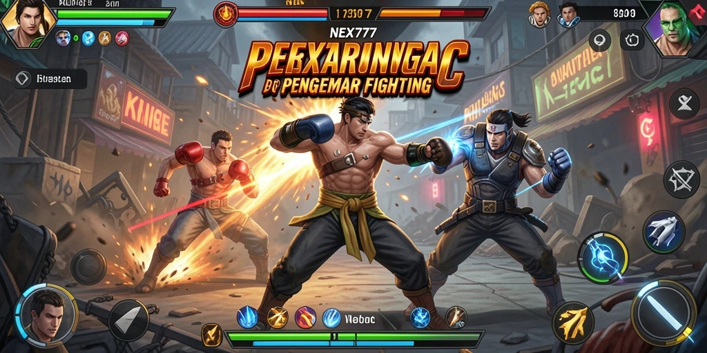 Screenshot utama NEX777 dengan pertarungan mendebarkan antar karakter.