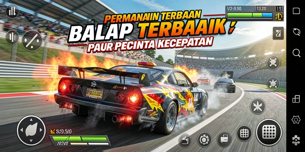 Tangkapan layar V21 menampilkan aksi balapan yang mendebarkan.